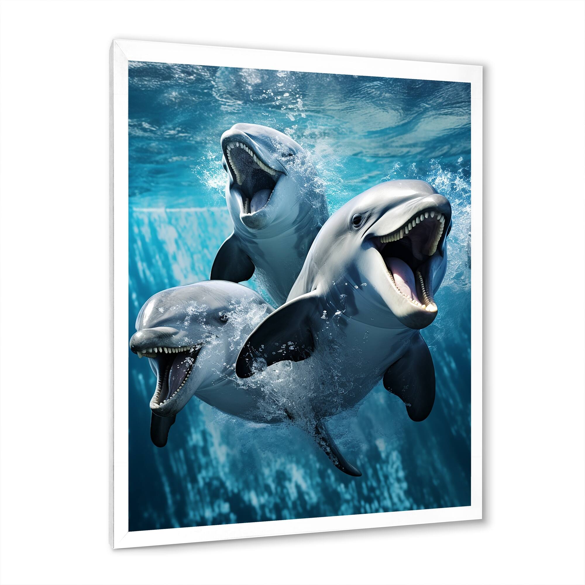 Designart "Grey Blue Dolphin Oceanic Elegance II" Marine Animals Framed
